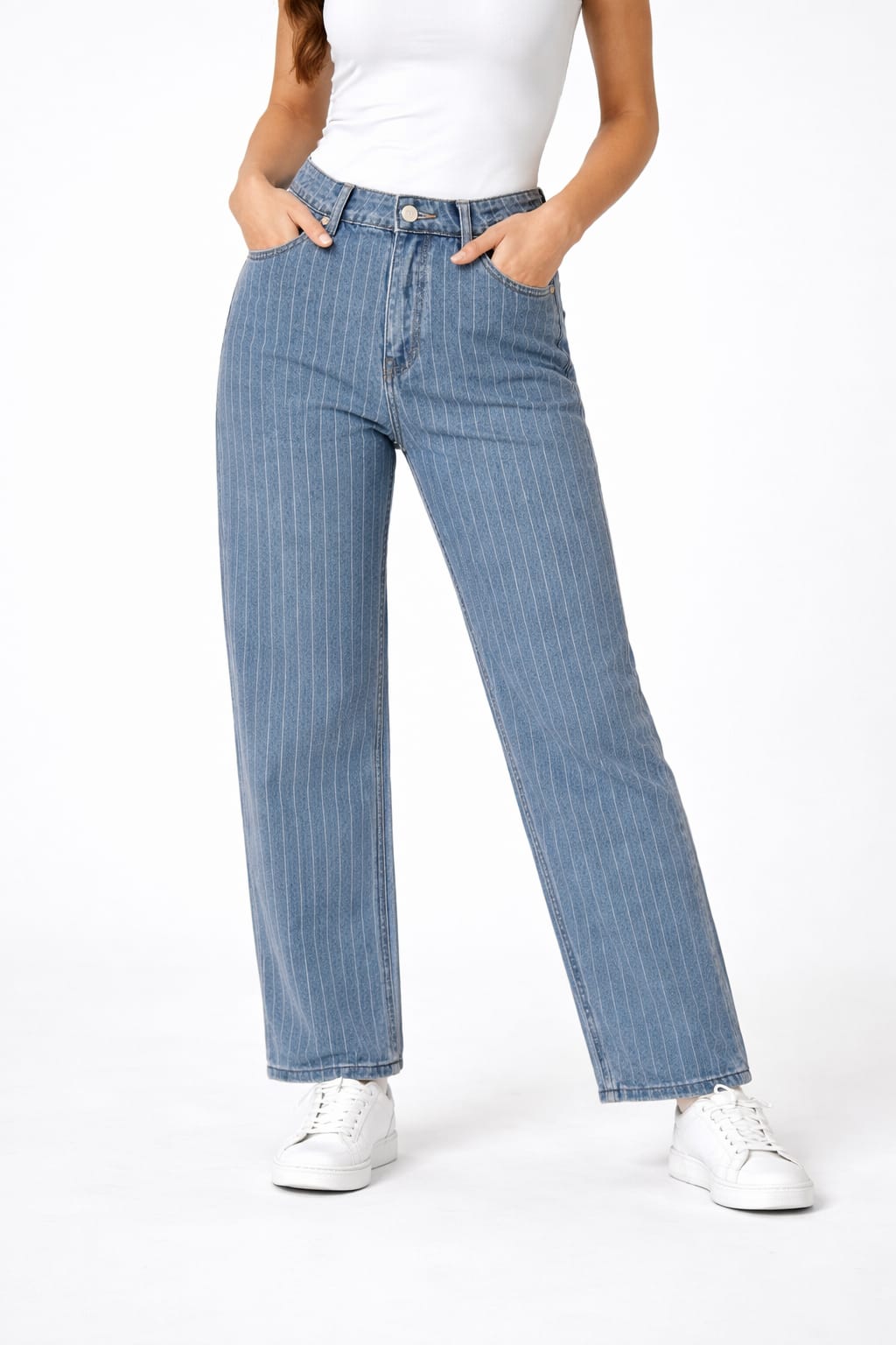 jeans rigato con bianco tessuto non elasticizzato