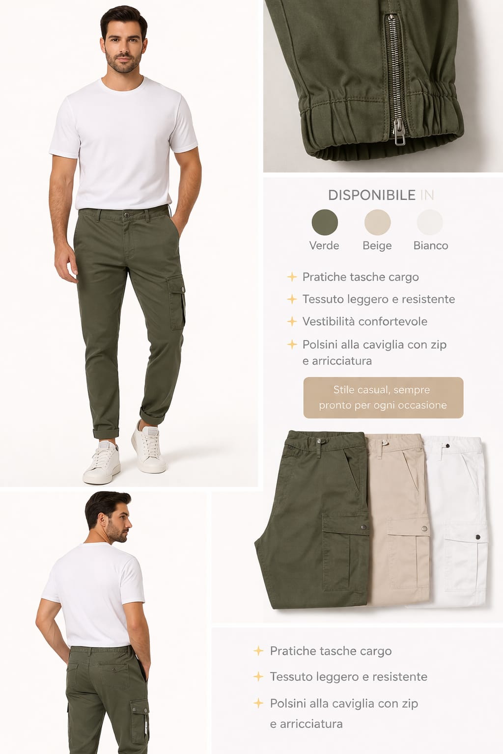 Pantaloni con tasconi modello cargo cotone con zip lungo la gamba