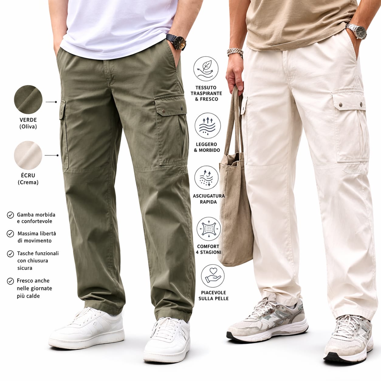 Pantalone cotone con tasconi  con bottone ricamato taglio morbido